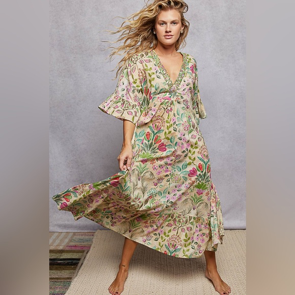 POL Dresses & Skirts - POL New Release- Deep V-Neck Beaded Floral Bohemian Maxi Dress With Pockets